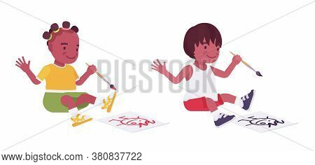 Toddler Children, Black Little Boy And Girl Enjoying Drawing A Picture. Cute Sweet Happy Healthy Bab