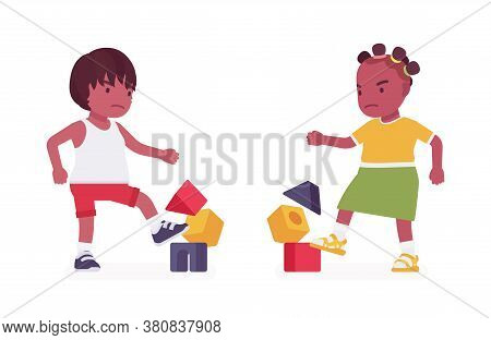 Toddler Children, Black Little Boy And Girl Enjoying Playing With Stacking Cubes, Make Tower And Bre