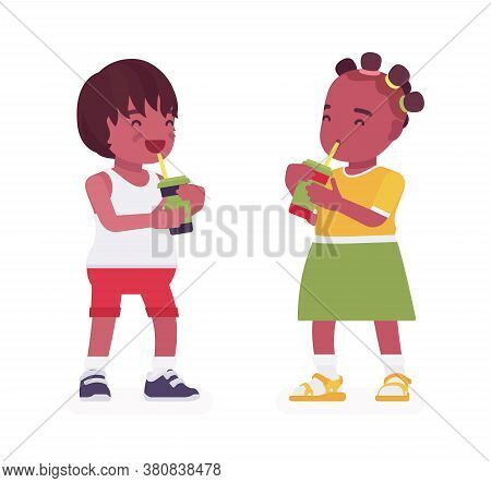 Toddler Children, Black Little Boy And Girl Enjoying A Drink. Cute Sweet Happy Healthy Baby Aged 12 