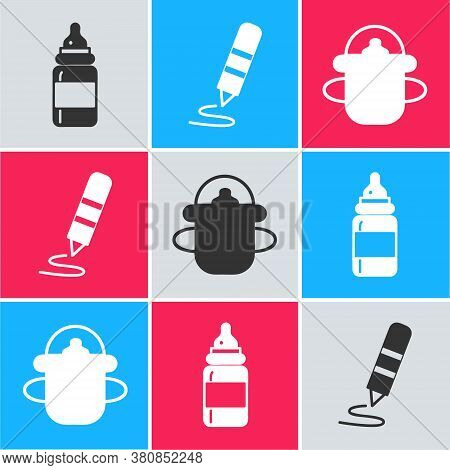 Set Baby Bottle, Wax Crayon For Drawing And Baby Bottle Icon. Vector