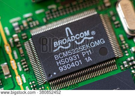 Timisoara, Romania - April 05, 2020: Close-up Of A Broadcom Bcm5325ekqmg Ethernet Controller. Electr