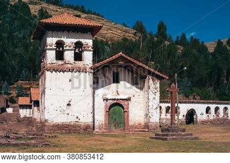 Umasbamba Spanish Colonial Church With Belry In  Peru With A Catholic Cross On The Main Square