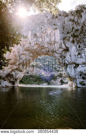 Ardeche France, View Of Narural Arch In Vallon Pont Darc In Ardeche Canyon In France