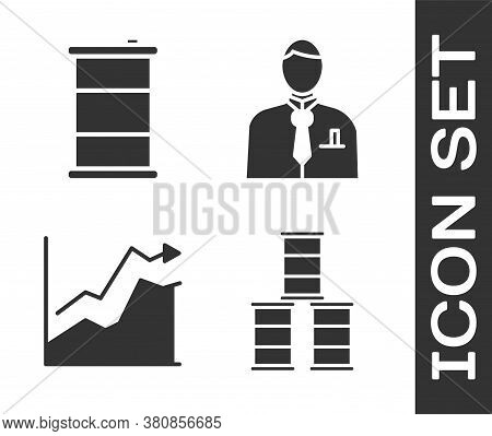 Set Barrel Oil, Barrel Oil, Oil Price Increase And Businessman Or Stock Market Trader Icon. Vector