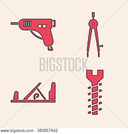 Set Metallic Screw, Electric Hot Glue Gun, Drawing Compass And Wood Plane Tool Icon. Vector