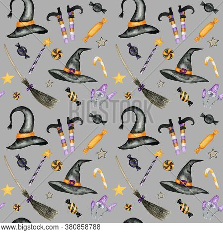Happy Halloween Seamless Pattern With Wich Hat, Broom, Magic Wand, Candy Sweets Party Decorations. W
