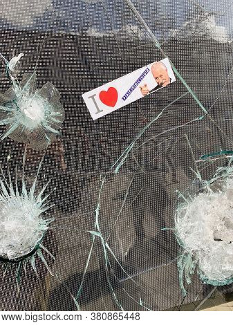 Paris, France - Mar 3, 2019: I Love Raspisonoy And Leonid Yakubovich Stocker Face Sticker On The Bro