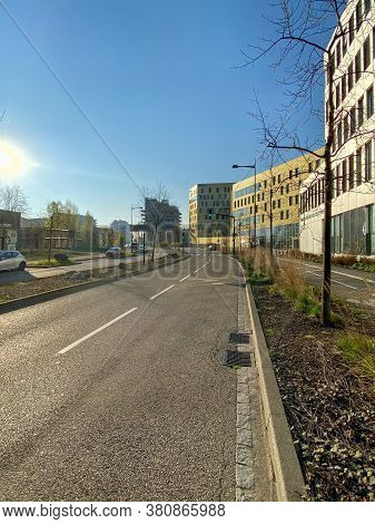 Strasbourg, France - Apr 2, 2020: Wide Empty Street Near Rhena Hospital At The French-german Border 