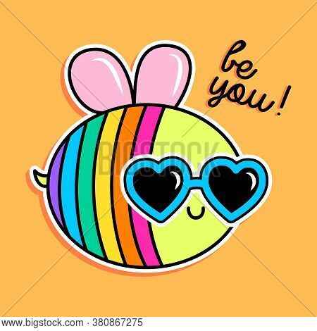 Vector Illustration Of A Colorful Bee With Sunglasses, Print For Graphic Tee, Slogan Vector