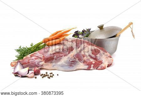 Raw Leg Of Mutton On A Bone On A White Isolated Background. Sheep Meat Close-up.a Fresh Piece Of Mut