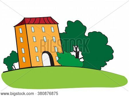 Illustration Of A Multi-storey House With An Arch And Vegetation Around