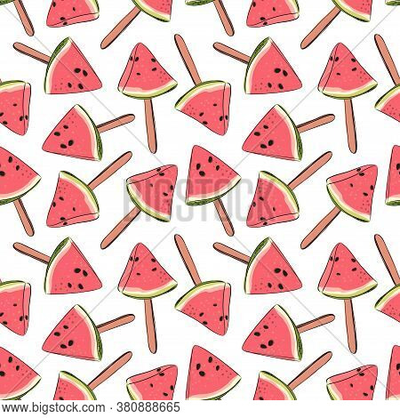 Seamless Pattern With Watermelon. Fruit Ice Cream On A Stick. Vector Illustration. Simple Picture. S
