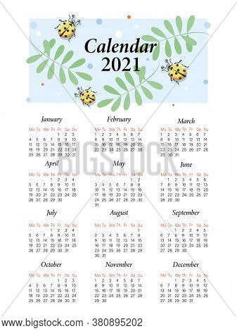 Ladybird. Calendar 2021. Vector Cartoon Character For Childrens Planning. Cute Yellow Ladybugs On A 