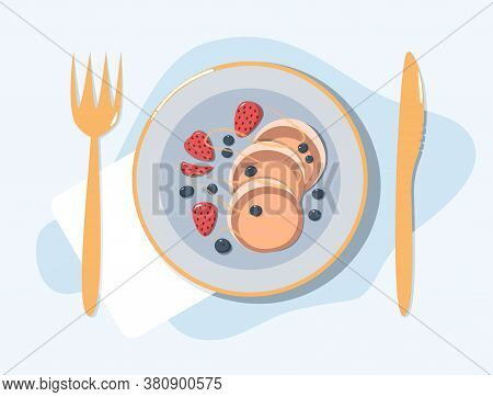 Pancakes With Strawberry, Blueberry And Honey On The Plate. Time For Breakfast. Yummy Food. Colored 