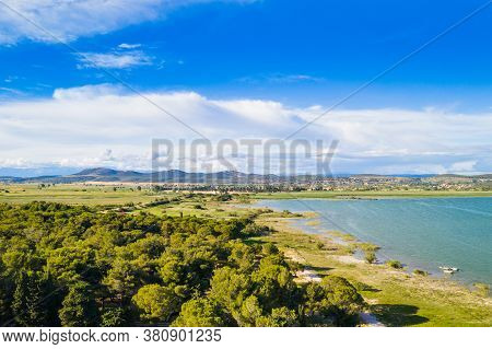 Beautiful Nature Park Vrana Lake (vransko Jezero), Dalmatia, Croatia, Aerial Shot Of Lake Shore