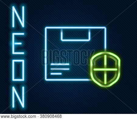 Glowing Neon Line Delivery Security With Shield Icon Isolated On Black Background. Delivery Insuranc