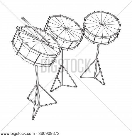 Musical Instruments Set. Rock Band Kit. Percussion Musical Instrument Drum And Stick. Wireframe Low 