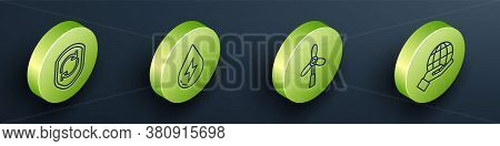 Set Isometric Recycle Symbol Inside Shield, Water Energy, Wind Turbine And Hand Holding Earth Globe 