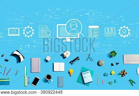 Document Management System Concept With Collection Of Electronic Gadgets And Office Supplies