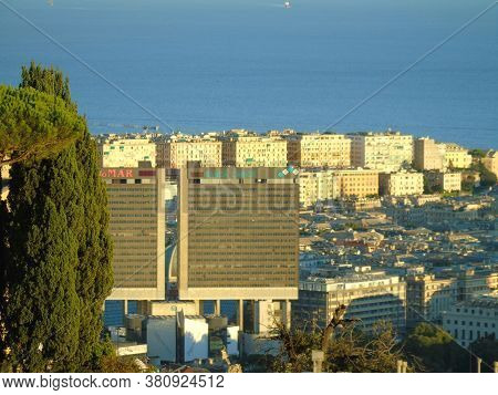 Genoa, Italy - August 2020: Aerial View Of Shipping And Container Terminal, Stacked Containers And L
