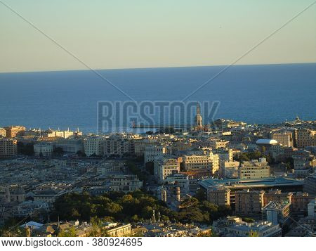 Genoa, Italy - August 2020: Aerial View Of Shipping And Container Terminal, Stacked Containers And L