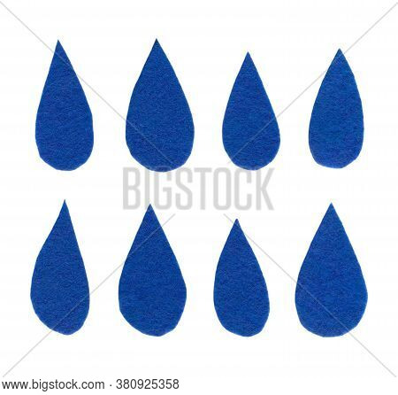 Blue Felt Raindrops. Decorative Applique. Items For Decoration, Greeting Cards, Packaging, Scene Cre
