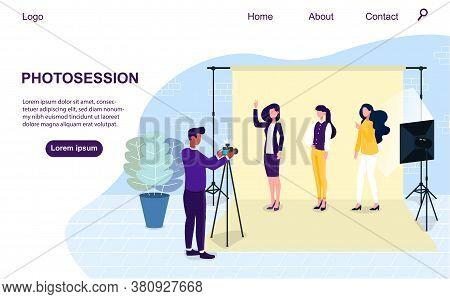 Vector Illustration Of Photo Session. Professional Photographer Taking Photos Of Three Girls In Phot
