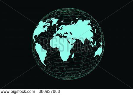 Abstract Isometric World Map Translucent Yellow Line Structure Isolated On Black Background.