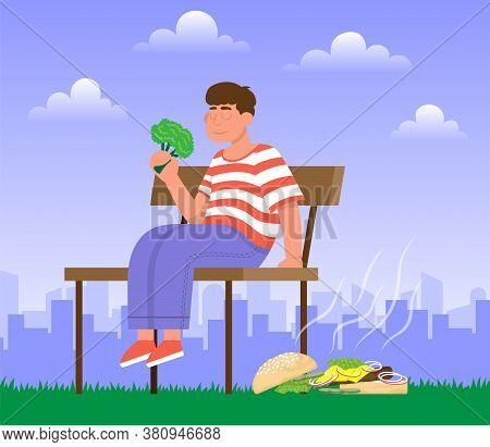 The Man On The Bench Threw Bad Burger Ingredients And Eats Salad. Healthy And Unhealthy Lifestyle. V