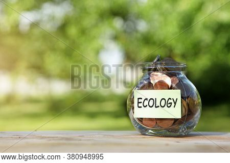 Ecology. Glass Jarglass Jar With Coins, On A Wooden Table, On A Natural Background. Investment And F