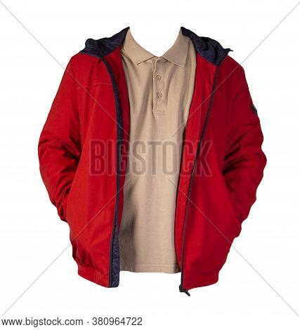Mens Light Brown T-shirt And Hakki Jacket Zipper Isolated On White Background.casual Clothing