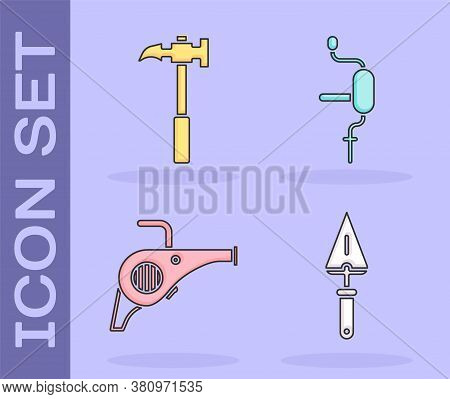 Set Trowel, Claw Hammer, Leaf Garden Blower And Hand Drill Icon. Vector