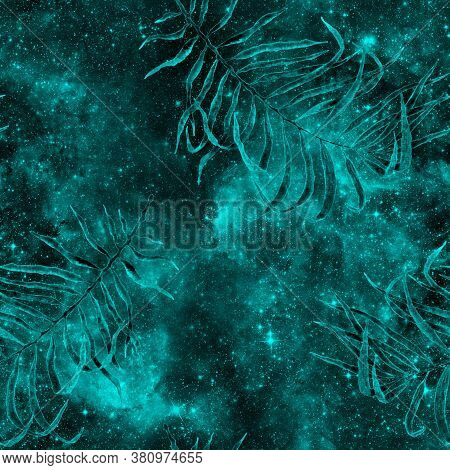 Palm Leaves Seamless Pattern. Fashion Hand Drawn Texture. Turquoise Cosmic Background. Palm Leaves S