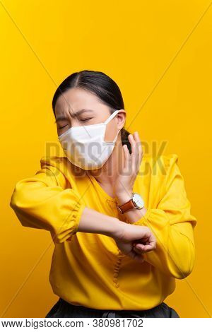 Asian Woman Wearing Protective Face Mask For Protection From Virus And Disease Coughing Isolated On 