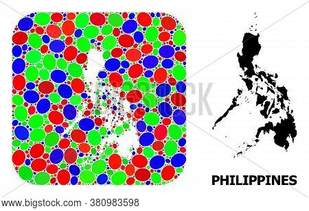 Vector Mosaic And Solid Map Of Philippines. Bright Geographic Map Designed As Subtraction From Round