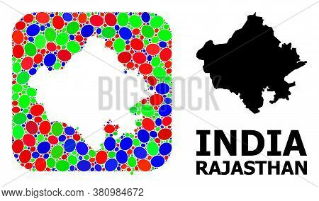 Vector Mosaic And Solid Map Of Rajasthan State. Bright Geographic Map Designed As Stencil From Round