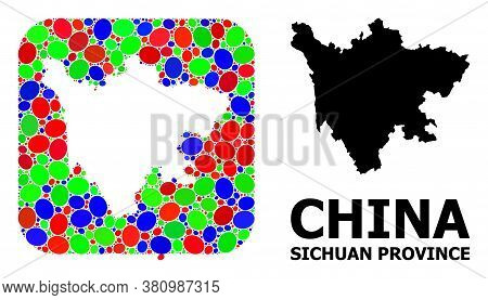 Vector Mosaic And Solid Map Of Sichuan Province. Bright Geographic Map Created As Stencil From Round