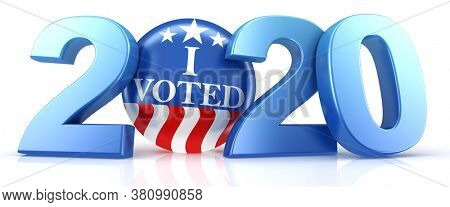 Vote 2020. Red, white, and blue voting pin in 2020 with I Voted text. 3d render.