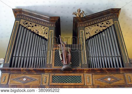 ZAGORSKA SELA, CROATIA - SEPTEMBER 15, 2012: Organ at St. Catherine of Alexandria Church in Zagorska Sela, Croatia