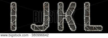 Mechanical alphabet made from rivet metal with gears on black background. Set of letters I, J, K, L. 3D rendering