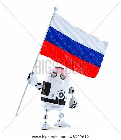 Android Roboter stehen mit Flagge Russlands.