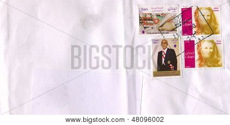 LIBAN - vers 2013 : Un timbre imprimé au Liban montre image le Sabah et le Président Sleiman Frangie,