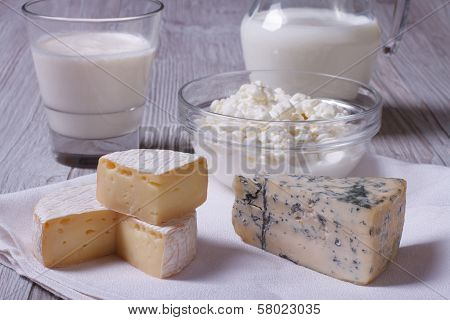 Brie, Blue Cheese, Cottage Cheese And Milk On The Table Closeup