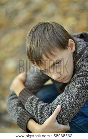 sad little boy outdoors in autumn