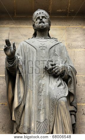 PARIS, FRANCE - NOV 09, 2012: Saint Martin of Tours, architectural details of Eglise de la Madeleine. Madeleine Church was designed in its present form as a temple to the glory of Napoleon's army.