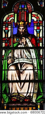 PARIS, FRANCE - NOV 11, 2012: Manasseh, stained glass from Church of St-Germain-l'Auxerr ois founded in the 7th century, was rebuilt many times over several centuries. 