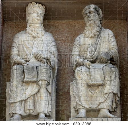 PARMA, ITALY - MAY 01, 2014: Saints, marble statue on the baptistery from Benedetto Antelami. Baptistery in Parma is considered to be among the most important Medieval monuments in Europe.
