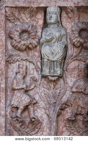 PARMA, ITALY - MAY 01, 2014: Detail of marble carvings on the baptistery from Benedetto Antelami. Baptistery in Parma is considered to be among the most important Medieval monuments in Europe.