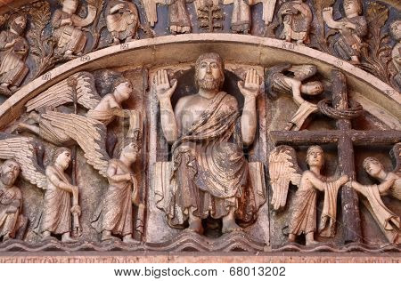 PARMA, ITALY - MAY 01, 2014: Christ in Majesty.Tympanum of the Baptistery in Parma from Benedetto Antelami.Baptistery in Parma is considered to be among the most important Medieval monuments in Europe