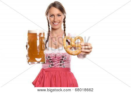Smiling Woman In A Dirndl With A Beer And Pretzel